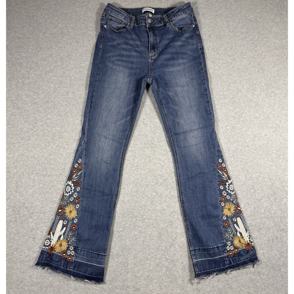 Ashley Mason Premium Women's Jeans 13/31 Blue Floral Embroidered Flare Raw Hem